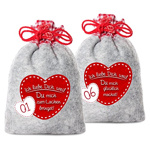24 Adventskalender Säckchen aus Filz mit 24 Gründen "Ich liebe Dich, weil ..." 1