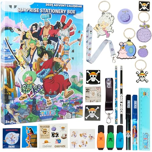 One Piece Adventskalender 2025 Kinder Weinachtskalender mit Sticker, Schreibwaren, Schlüsselanhänger, Zubehör, Geschenke für Anime Fans 1